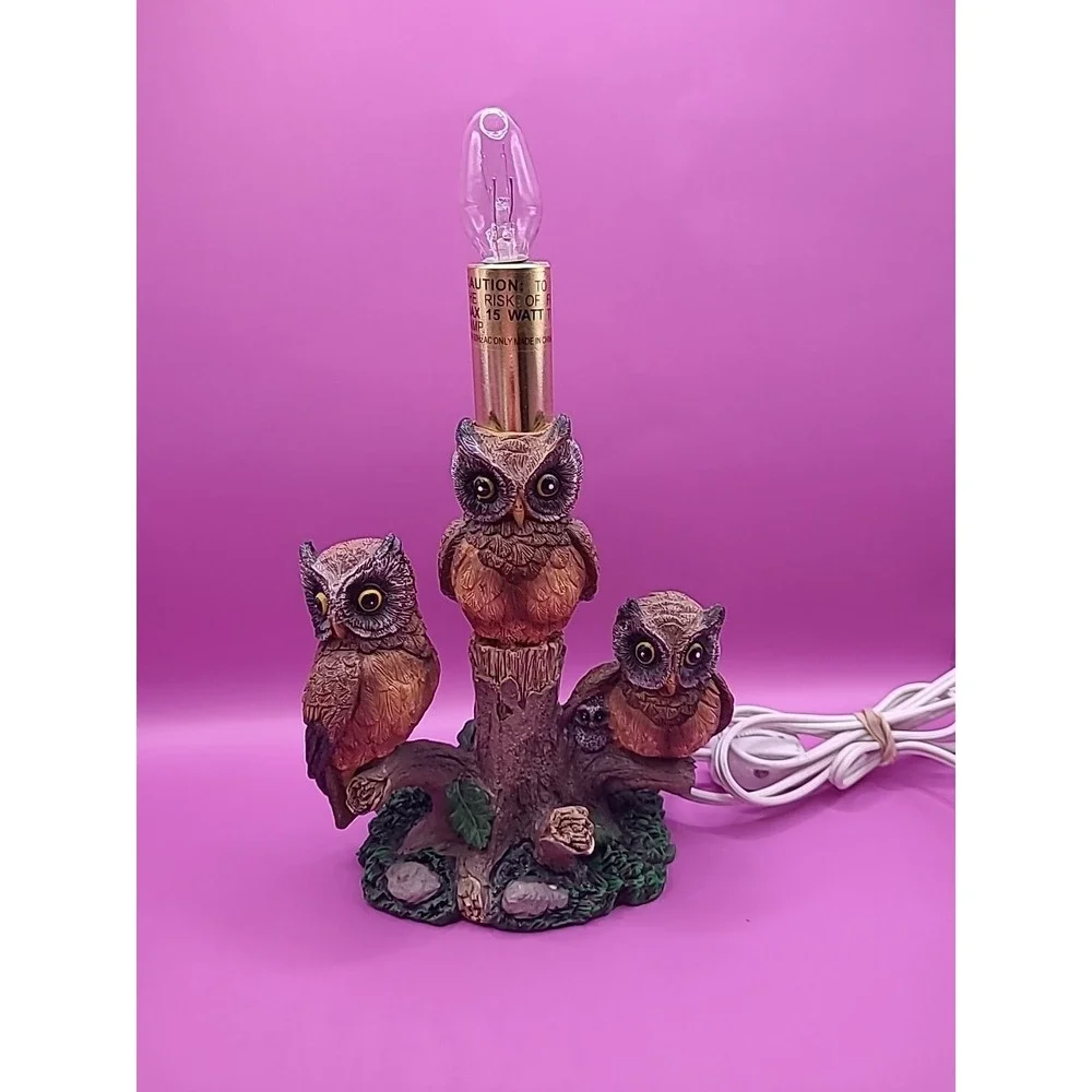 Vintage Mid Century 1970's 3 Owls on‎ Tree Branch Table Lamp Works